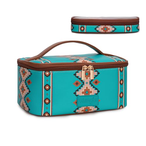 Wrangler Travel Makeup Bag 2pcs Set Cosmetic Bag with Makeup Brush Holder - color: Aztec-Turquoise