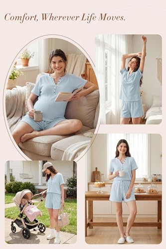 OUGES Women's 100% Soft Cotton Maternity Pajamas Sets Short Sleeve Pregnancy Postpartum 2 Piece Outfits Sleepwear - color: Light Blue, size: X-Large