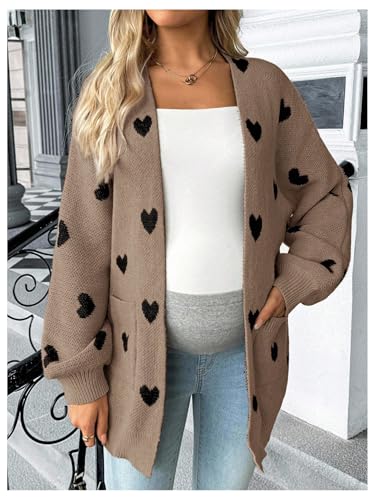 MakeMeChic Women's Maternity Heart Sweater Cardigan Fall Winter Clothes - color: Brown, size: X-Large
