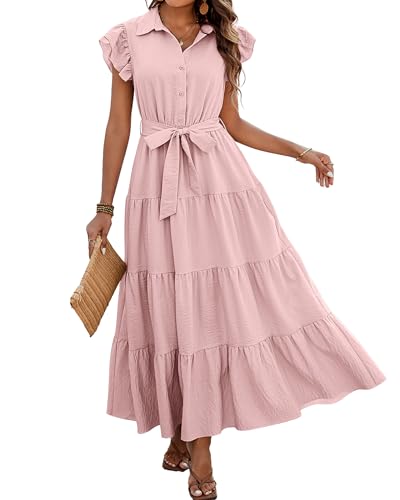dowerme Women Ruffle Sleeve Button Belted Boho Maxi Dress - color: Pink, size: XX-Large