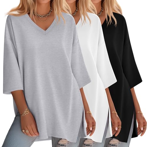 Huukeay 3 Pack Womens 3/4 Sleeve Oversized Tops - color: Black, White, Gray, size: Small