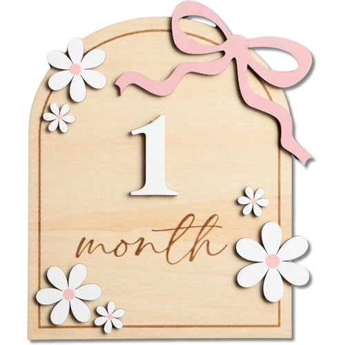 A Set of Baby Monthly Milestone Signs,Newborn 1-12 Months Wooden Milestone Markers, Baby Growth Record Photo Atmosphere Props, Memorial Photo Prop,Babygirl Boy Essentials - color: Arched pink bow + white flowers