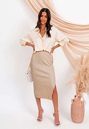 HERBATOMIA Midi Pencil Basic Skirt Casual Solid Split Side Stretchy Ribbed Knit Bodycon Mid Length Skirts for Women - color: Apricot, size: X-Large