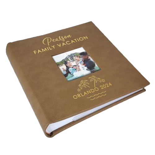 Personalized Photo Album, Custom Engraved Picture Album, Holds 200 4" x 6" Photos, Leatherette and Laser Engraved Scrapbook, Tropical Family Vacation with Palm Trees, Brown - color: Family Vacation, size: Brown - Medium