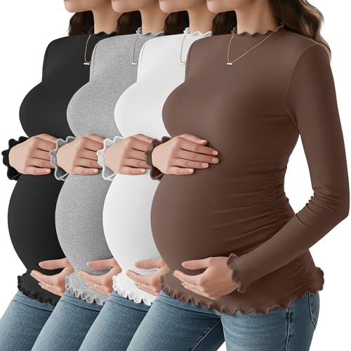 4 Pack Women Maternity Side Ruched Long Sleeve Shirts - color: Brown, White, Light Gray, Black, size: Large