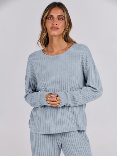 ANRABESS Women 2 Piece Lounge Pajamas Sets Casual Fall Outfits - color: Blue, size: Medium