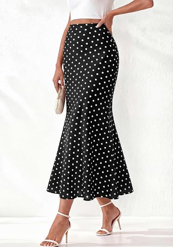 BTFBM Silk Midi Skirts for Women 2026 Summer Fall - color: Dot Black White, size: X-Large