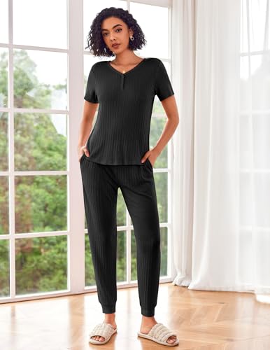 Ekouaer Pajama Sets for Womens 2 Piece Jogger Pants Lounge Set - color: Black, size: XX-Large