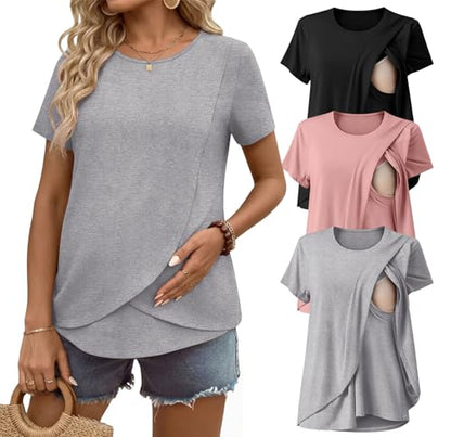 Ekouaer 3 Pack Nursing Shirts Short Sleeve Breastfeeding Tops Maternity Tee - color: Black/Light Gray/Pink, size: Medium