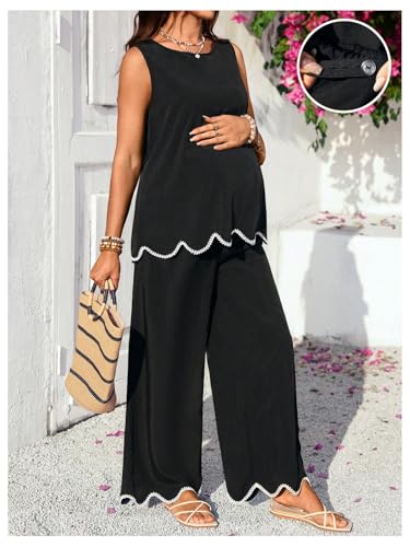 RoseSeek Women's Maternity 2 Piece Outfits Tank Top and Wide Leg Pants - color: Black, size: 3X-Large