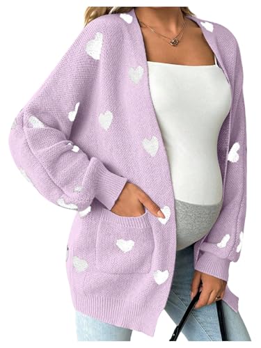 MakeMeChic Women's Maternity Heart Sweater Cardigan Fall Winter Clothes - color: Purple, size: Small
