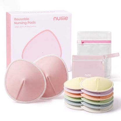 Nuliie Reusable Nursing Pads 14 Pack (7 Pairs), Contour Cup Shape for Better Coverage, Ultra Thin Breast Pads for Leaking Milk, Washable Breastfeeding Pads with Laundry Bag & Wet Bag - size: 14 Count