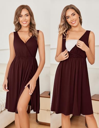 Ekouaer Maternity Nursing Gown and Robe Set Labor Delivery Nightgowns - color: Maroon, size: XX-Large