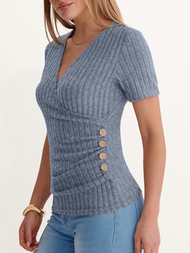 ANRABESS Women Short Sleeve V Neck Shirts - color: Blue, size: X-Large