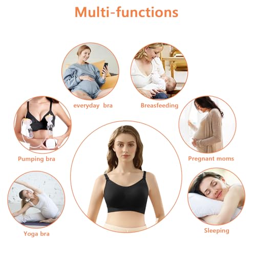 4HOW Pumping Bra Hands Free Nursing Pumping Bra All in One Wireless Padded Maternity Bralette for Large Bust - color: Black+black, size: Large