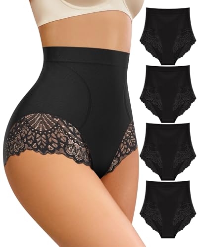 Women's Underwear High Waisted Tummy Control Lace Panties 4 Pack - color: Black-4 Pack, size: Small