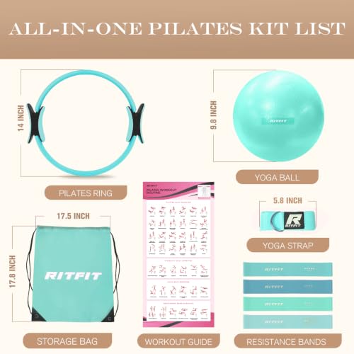 RitFit Pilates kit, 14" Pilates Ring with Pilates Ball & Resistance Bands - color: Cyan