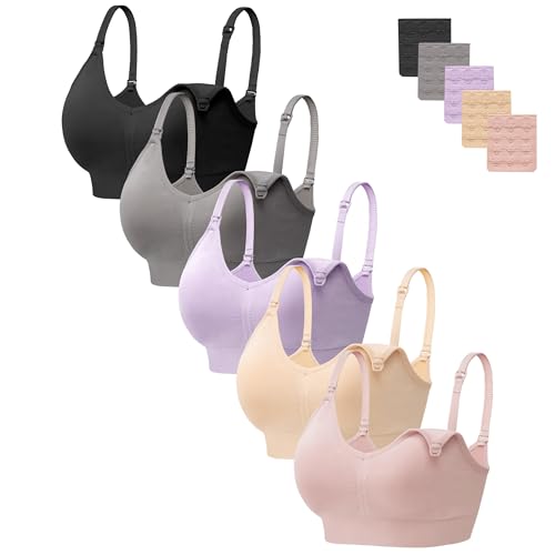 HBselect Women Maternity Bras 5 Pack Nursing Bras for Breastfeeding - color: 5pack(black/Nude/Grey/Pink/Purple), size: 3X-Large
