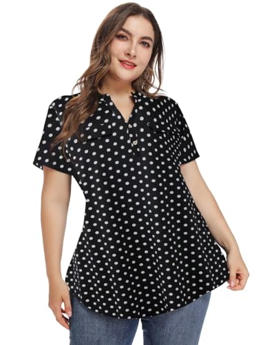 MONNURO Womens Plus Size Tops Button Down Tunic Plaid Shirts Casual Blouses - color: Black Polka Dot, size: 4X