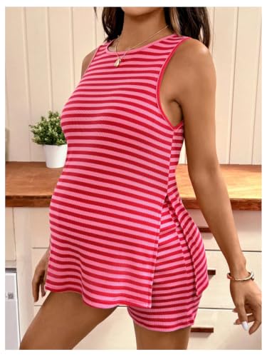 MakeMeChic Women's Maternity Sets Striped Tank Tops Shorts Lounge Set - size: Large