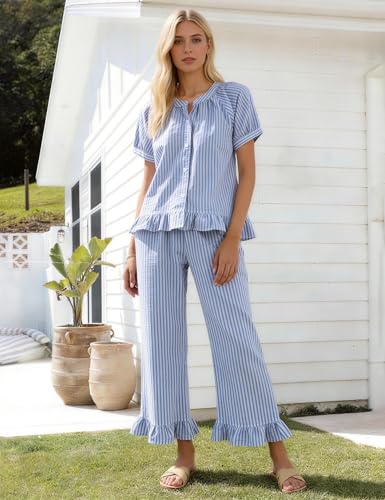 Flygo Womens Striped Pajama Sets Cotton 2 Piece Ruffle Lounge Pjs - color: Blue, size: Medium
