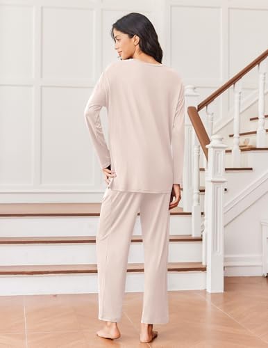 Ekouaer Lounge Sets for Women Long Sleeve Pajamas Fall Loungewear - color: Beige, size: Small