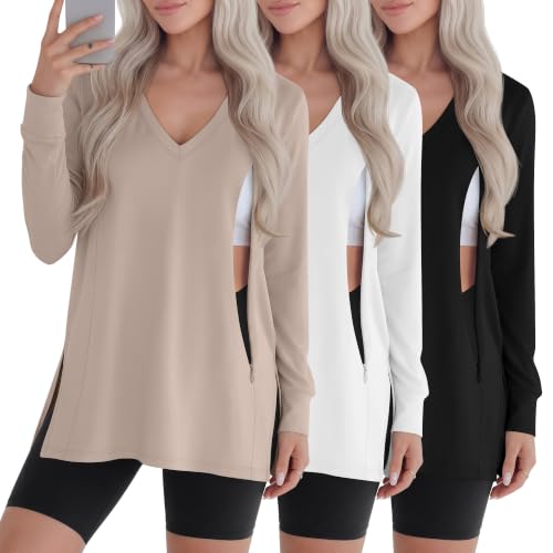 3 Pack Women's Nursing Breastfeeding Long Sleeve Shirts - color: Light Khaki, White, Black, size: Large