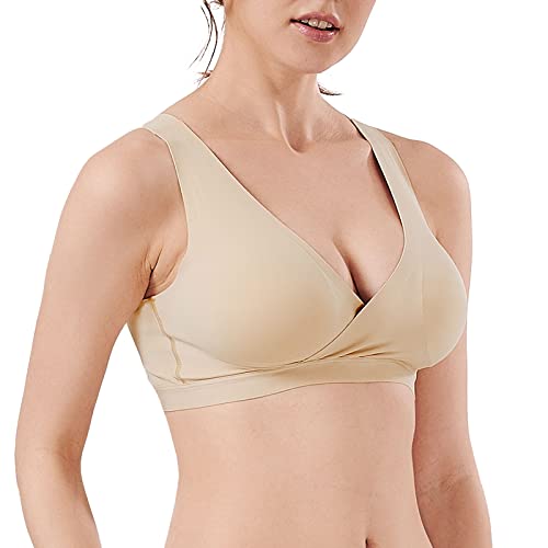 Mamaway Silky Crossover Nursing Maternity Wireless Bra, Smooth, Soft, Cooling, No Buckle, No Show for Sleeping Breastfeeding - color: Nude, size: X-Large