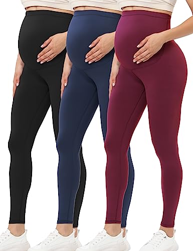 Buttergene 3 Pack Maternity Leggings with Elastic Band - color: 3pack Black/Navy/Wine, size: Small