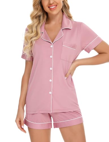 Senert Womens Pajamas Set Short Sleeve Sleepwear - color: A Bean Paste With Line, size: Large