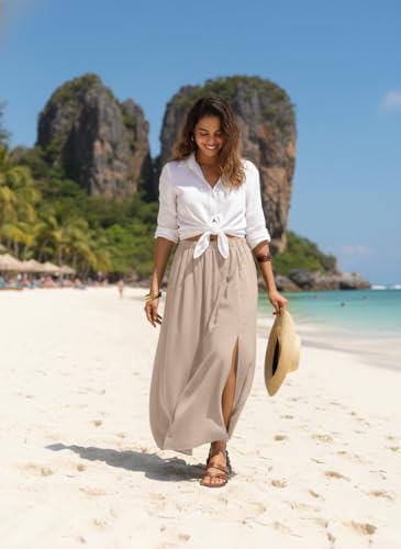 HiMONE Womens Maxi Skirt High Waisted Flowy A Line with Side Slit - color: Apricot, size: X-Large