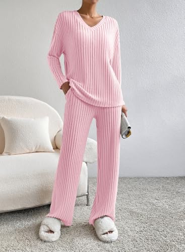 SHEWIN Women's Pajama Sets Ribbed Knit 2 Piece Lounge Sets - color: B Hot Pink, size: X-Large