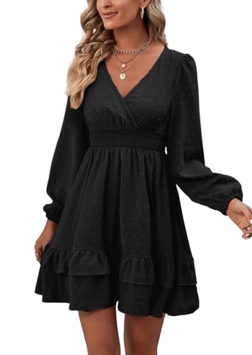 Rooscier Women's Wrap V Neck Swing Ruffle Swiss Dots Long Sleeve Mini Dress - color: Plain Black, size: Small