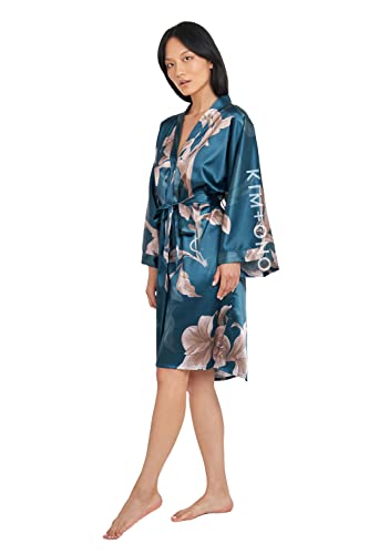 KIM+ONO Satin Short Kimono Robe for Women - color: Ayame - Peacock