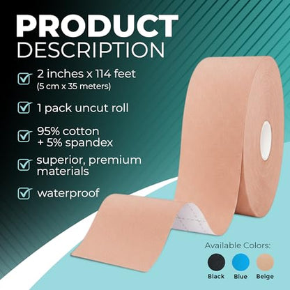 Kinesiology Tape Bulk Roll 114ft - Athletic Sports Tape, Beige - color: Skin Beige
