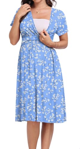 Maternity Dress Summer Wrap Baby Shower Pregnancy Nursing - color: Blue White Floret, size: Medium