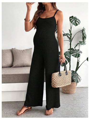 MakeMeChic Women's Maternity Cami Jumpsuit Ribbed Pregnancy Overalls Romper - color: Black, size: Medium