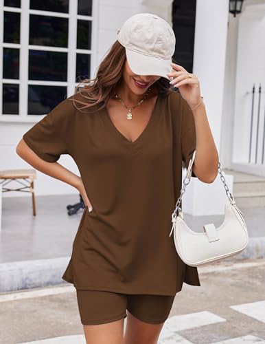 Ekouaer Womens 2 Piece Lounge Set Oversized V Neck Top Biker Short Pajamas - color: Brown, size: X-Large