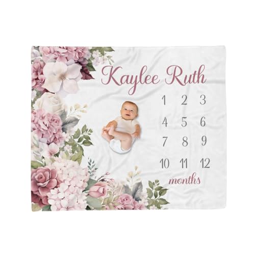 Customized Monthly Blanket for Baby Girl, Floral Girl Milestone Baby Name Blanket, Personalized Milestone Throw, Newborn Infant Month Throw, Infant First Year Growth, Newborn Little One Gift - color: Floral Girl Milestone