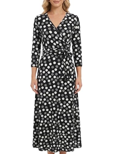 Aphratti Womens 3/4 Sleeve V Neck Faux Wrap Maxi Dress Summer Casual Beach - color: Multi Black, size: Medium