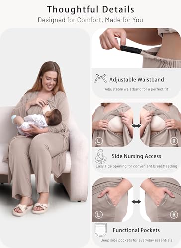 Rnxrbb 4 PCS All-Season Nursing Pajamas Robe Set Maternity Postpartum Pjs - color: Beige, size: Medium