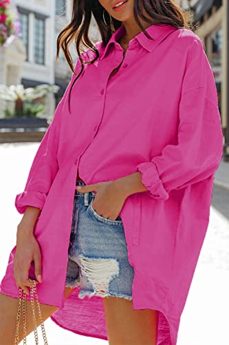 FSHAOES Womens Oversized Button Down Shirts Casual Loose Long Sleeve Solid Lapel Long Blouses Tops with Pockets - color: 06-pink, size: X-Large