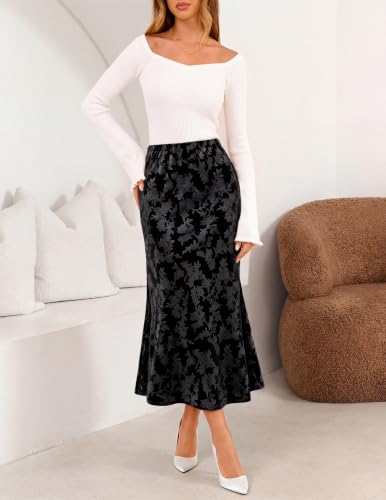 MEROKEETY Women's Fall Floral Velvet Maxi Skirt - color: Black, size: Medium