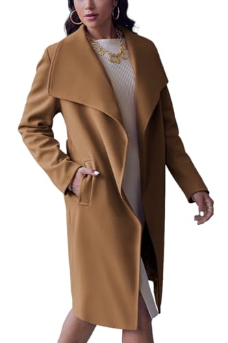 Cicy Bell Women's Pea Trench Coat Lapel Collar Long Jacket Open Front Belted Overcoat with Pockets - color: Brown, size: XX-Large