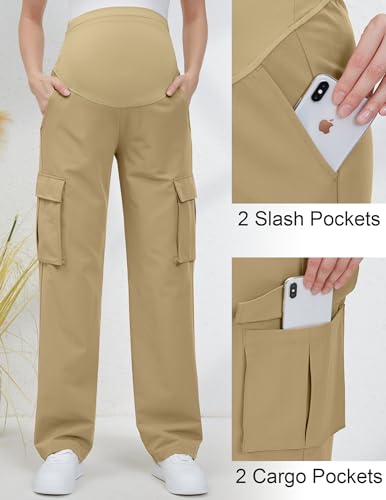 GLAMIX Women's Maternity Cargo Pants with Four Pockets Over The Belly Scrub Pants Pregnancy Clothes - color: Khaki, size: Small