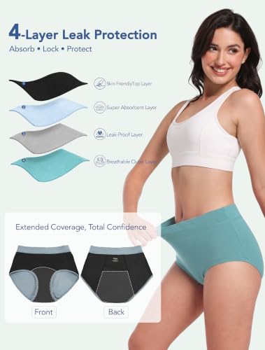 TIICHOO Period Underwear for Women High Waist Womens Incontinence Underwear - color: 1 Black/1 Light Grey/1 Burgundy/1 Rose Gold/1 Turquoise Green, size: Medium