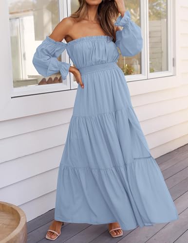 ZESICA Womens Fall Long Sleeve Boho Off Shoulder Maxi Dresses - color: Light Blue, size: XX-Large