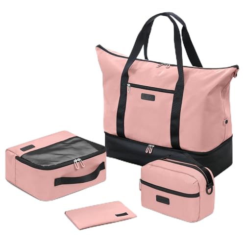 Oeihuivt Weekender Bags for Women with 3 Extra Pack - 21 Inch Large Travel Duffel Bag Set with Shoe Compartment, Heavy-Duty nylon Carry On Overnight Tote Black+Pink - color: BlackPink+3 Extra Packs
