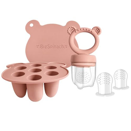 BigSpinach Silicone Baby Food Freezer Tray with Teething Popsicle Molds - Baby Fruit Feeder and Breastmilk Teether Combo - color: Orange