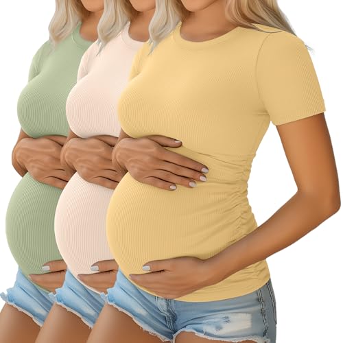 Ficerd 3 Pack Women's Short Sleeve Maternity Shirts - color: Light Green, Apricot, Yellow, size: Small